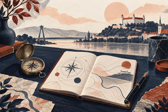 Ilustrácia redakčného stola s kompasom a poznámkovým blokom